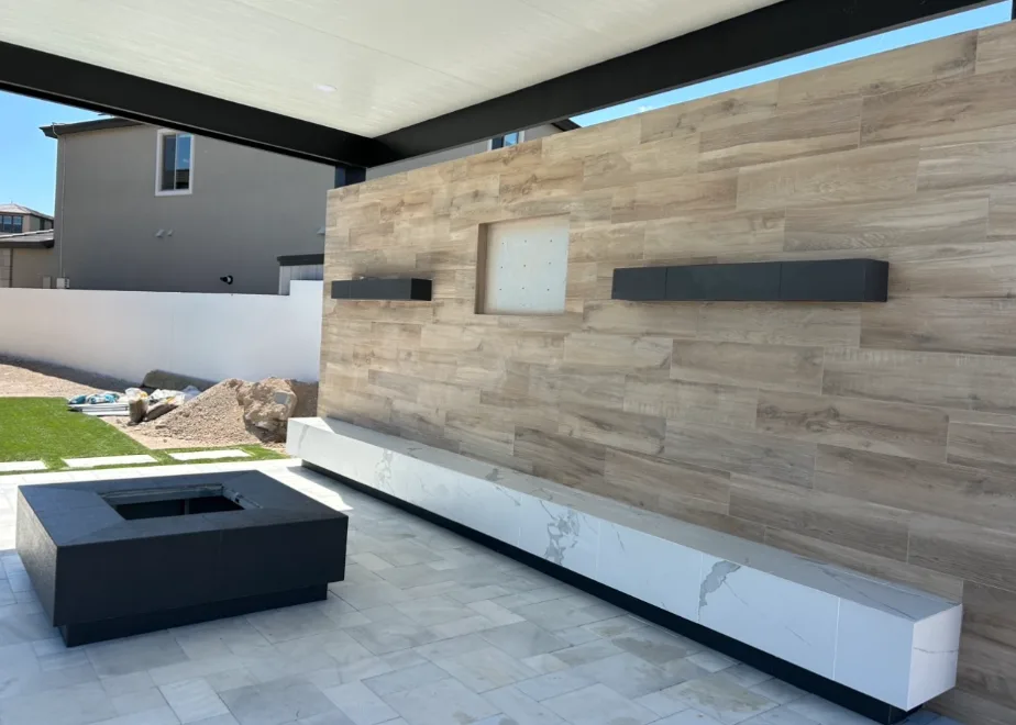 Outdoor feature wall, seating & fireplace